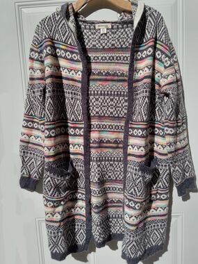 Monteau Long Length Cardigan Gray Multi-Color Hooded Fair Isle Sweater Medium